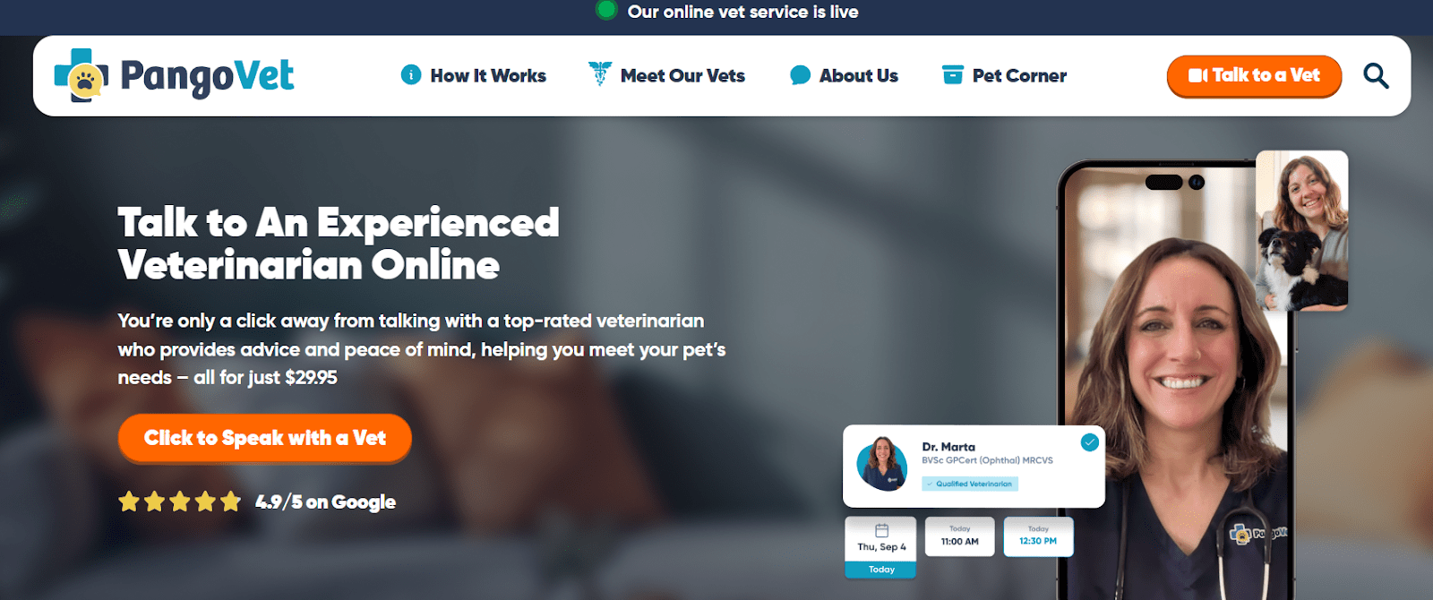 PangoVet website screenshot shows online vet consultation options.